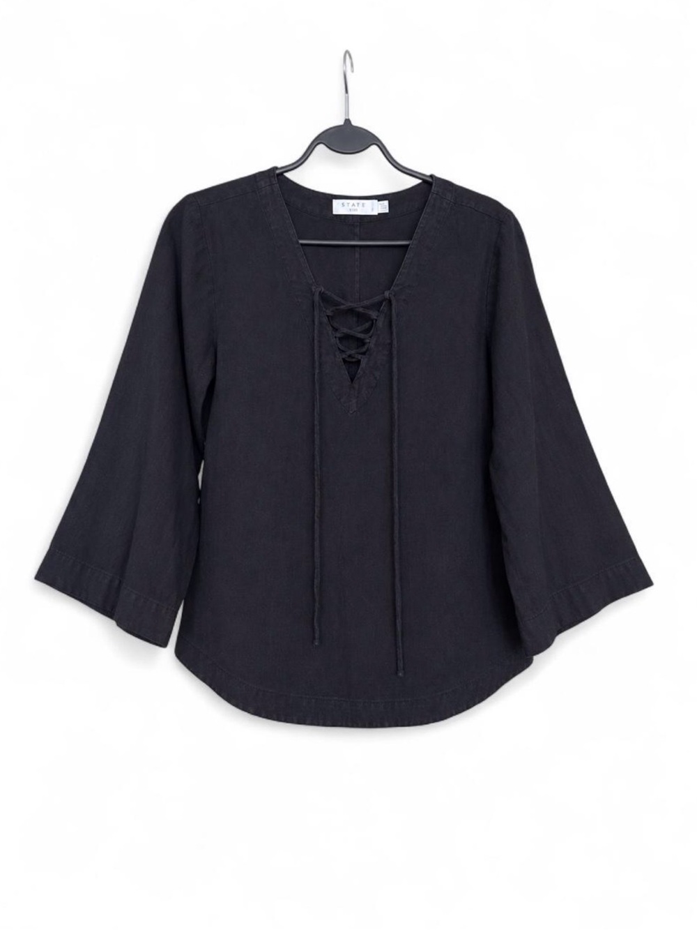 Sea Folly Black Lace-Up V-Neck Blouse Size S Bell Sleeve Boho Top